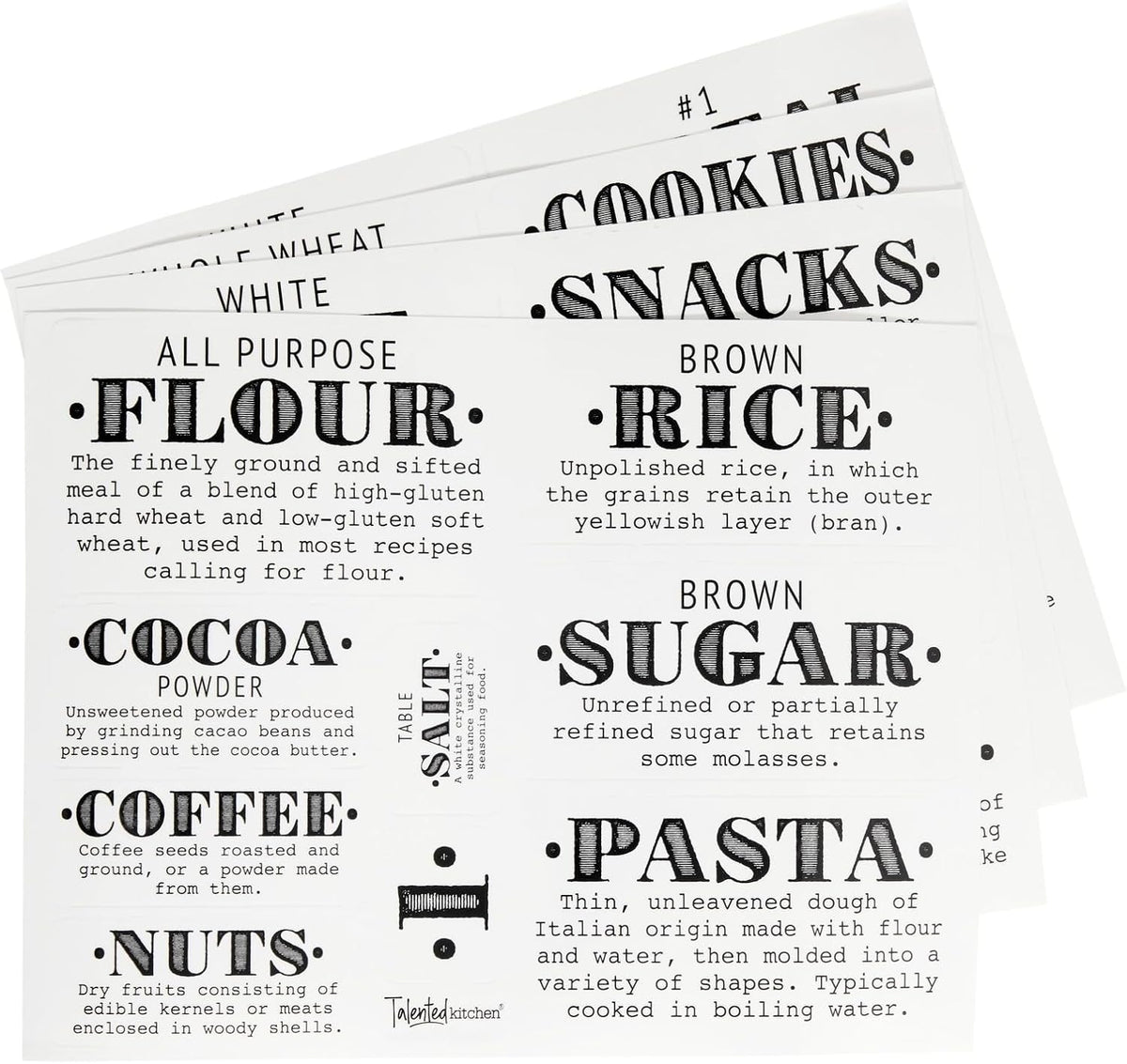 Preprinted Pantry Labels - Waterproof Kitchen Organization & Food Storage Labels - Flour, Sugar & Cornmeal Vinyl Sticker Set - 36 Pack, Medium, Clear Vinyl, Black Print