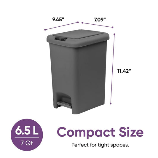 6.5L Slim Step & Push Trash Can - Dual Opening, Smooth Matte Finish, Durable Plastic (9.5"x7"x11.5") - Gray
