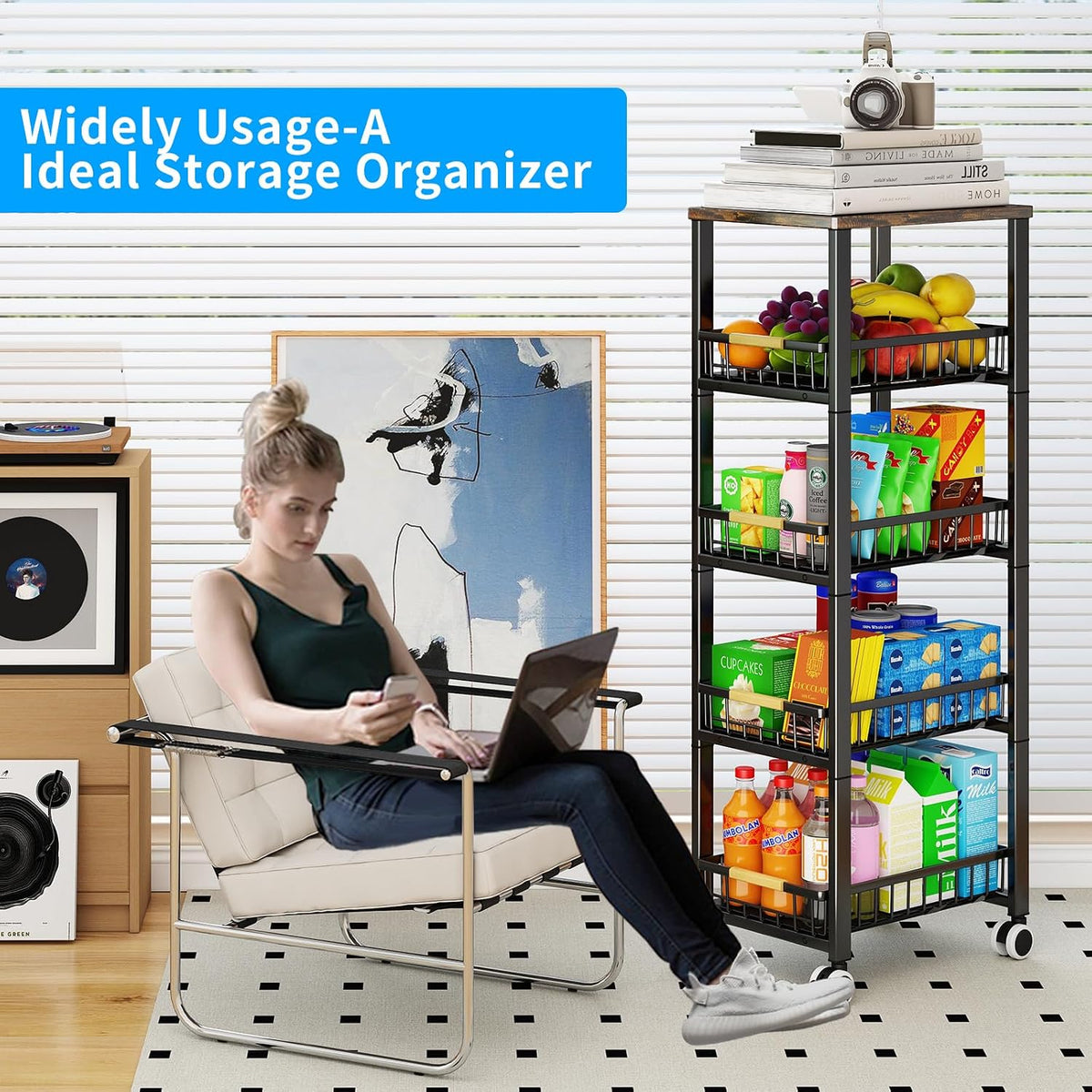 3-Tier Rolling Pantry Cart with Wheels, Stackable Wire Storage Floor Organizer for Kitchen Pantry Snack Shelves, Fruit Basket Stand, Vegetable Storage Rack for Food Snacks Onion Potato