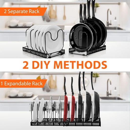 Expandable Pot and Pan Organizers Rack, 10+ Pans and Pots Lid Organizer Rack Holder, Kitchen Cabinet Pantry Bakeware Organizer Rack Holder with 10 Adjustable Compartments (Black)