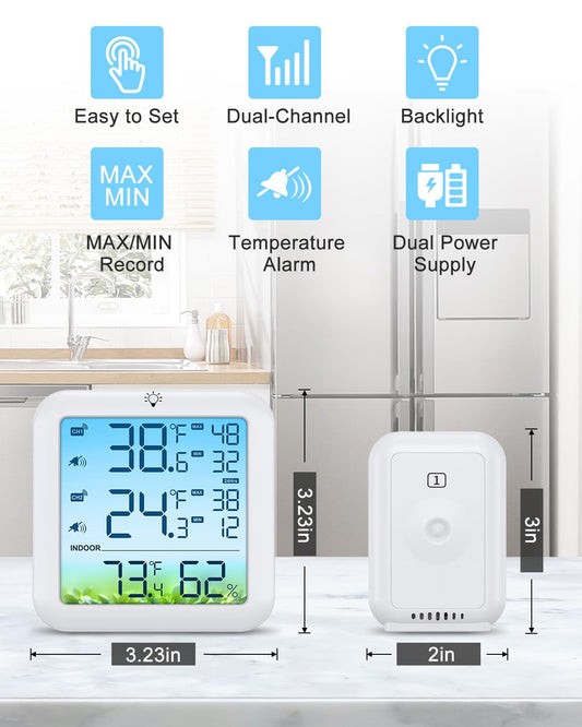 Bomivoi Wireless Fridge and Freezer Thermometer with Alarm, Max/Min Temperature Records Digital Refrigerator Thermometer, 328FT Remote Range, Magnetic & Stand Options for Kitchen Home Restaurant