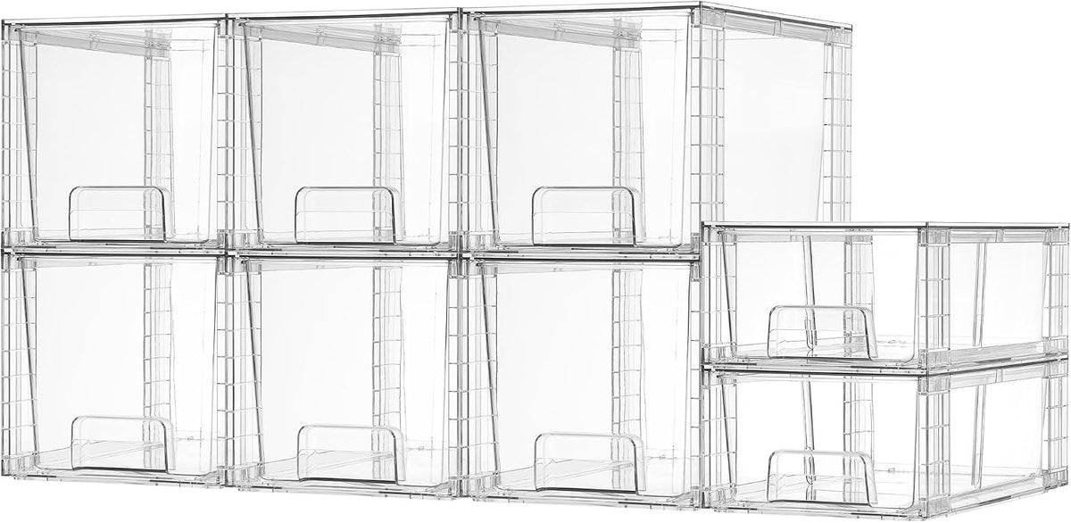 Clear Stackable Storage Drawers, 4 Pack Kitchen Cabinet Set | Medium and Small Pull-Out PET Drawers with Stackable Design for Kitchen Cabinets, Pantry, Under Sink, Medicine
