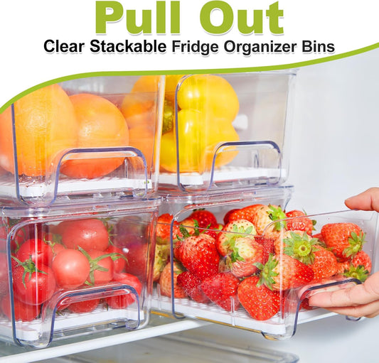 Refrigerator Drawer Organizer Bins, Clear Stackable Pull Out Fridge Organizers and Storage Container, with Strainer Layer for Fruits, Vegetables, Drinks, Snack and Food