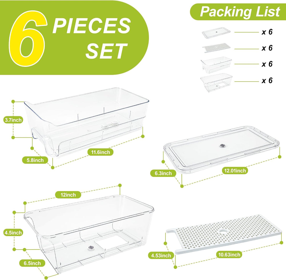 Refrigerator Drawer Organizer Bins, Clear Stackable Pull Out Fridge Organizers and Storage Container, with Strainer Layer for Fruits, Vegetables, Drinks, Snack and Food