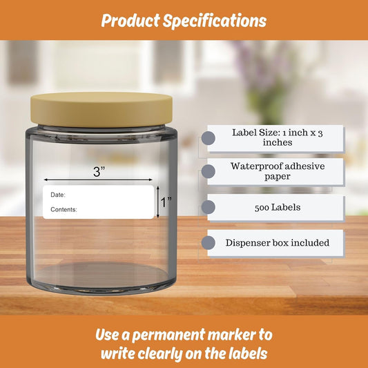 500 Waterproof Freezer Food Labels 1" x 3" Tear-Resistant Vinyl Stickers Writable Adhesive ID Tags in Dispenser Box for Meal Prep, Storage, Restaurant Use