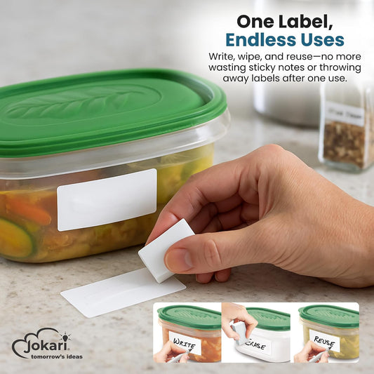 Label Once Erasable Food Labels with Marker and Eraser Reusable | Kitchen Storage Freezer Dishwasher, Microwave Safe 70 Pack, Includes Marker and Eraser, Labels for Any Task