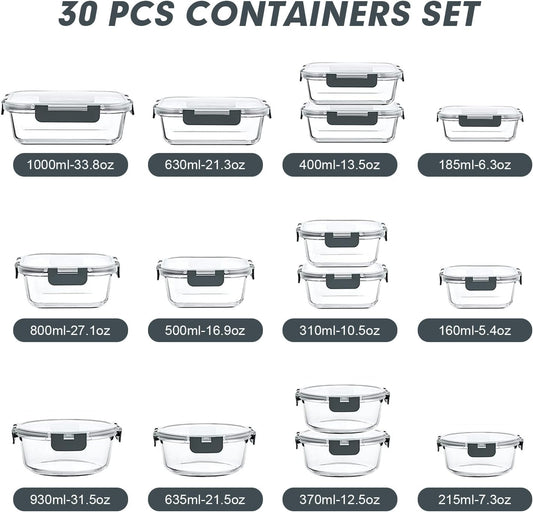 Glass Food Storage Containers Set with Lids, Grey