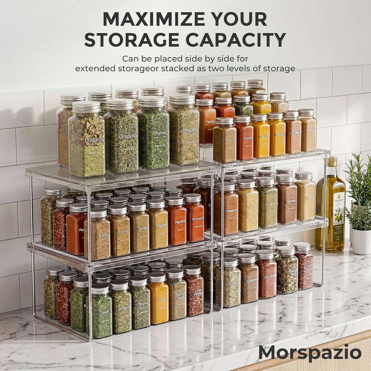 2-Pack Clear Cabinet Organizer Shelves, Stackable Kitchen Cabinet Shelf Risers and Foldable Pantry Shelf Risers for Cupboards and Spices