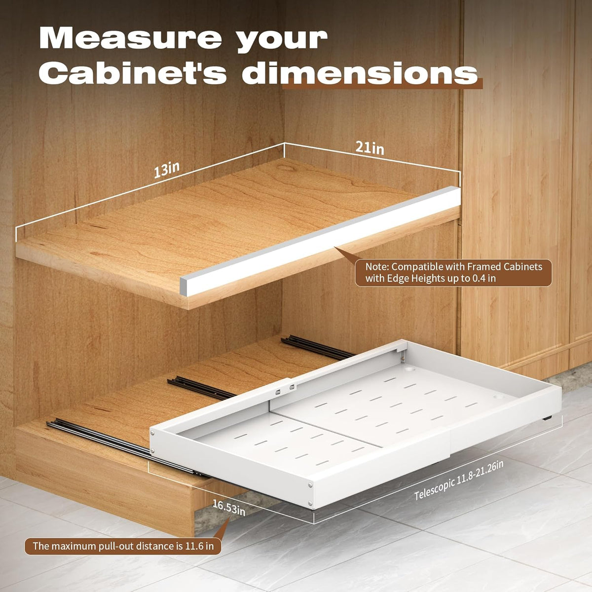 Pull Out Cabinet Organizer Expandable, 21" Deep | Pull Out Drawers for Cabinets with Adjustable width from 12.6" to 21" Sliding Drawers for Cabinets with Heightening Pad No Drill for Kitchen