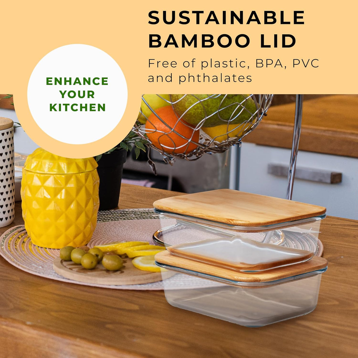 Glass Food Storage Containers with Bamboo Lids (Pack of 2) - Stackable Meal Prep Container - Airtight Glass Food Containers with Lids - Reusable Lunch Pack - 36 Oz