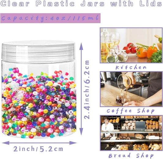 4oz Clear Plastic Jars with Lids,115ml Wide-Mouth Refillable Storage Containers,Empty Round Containers for Candy,Beads,Lotion,Slime Making and Food Storage