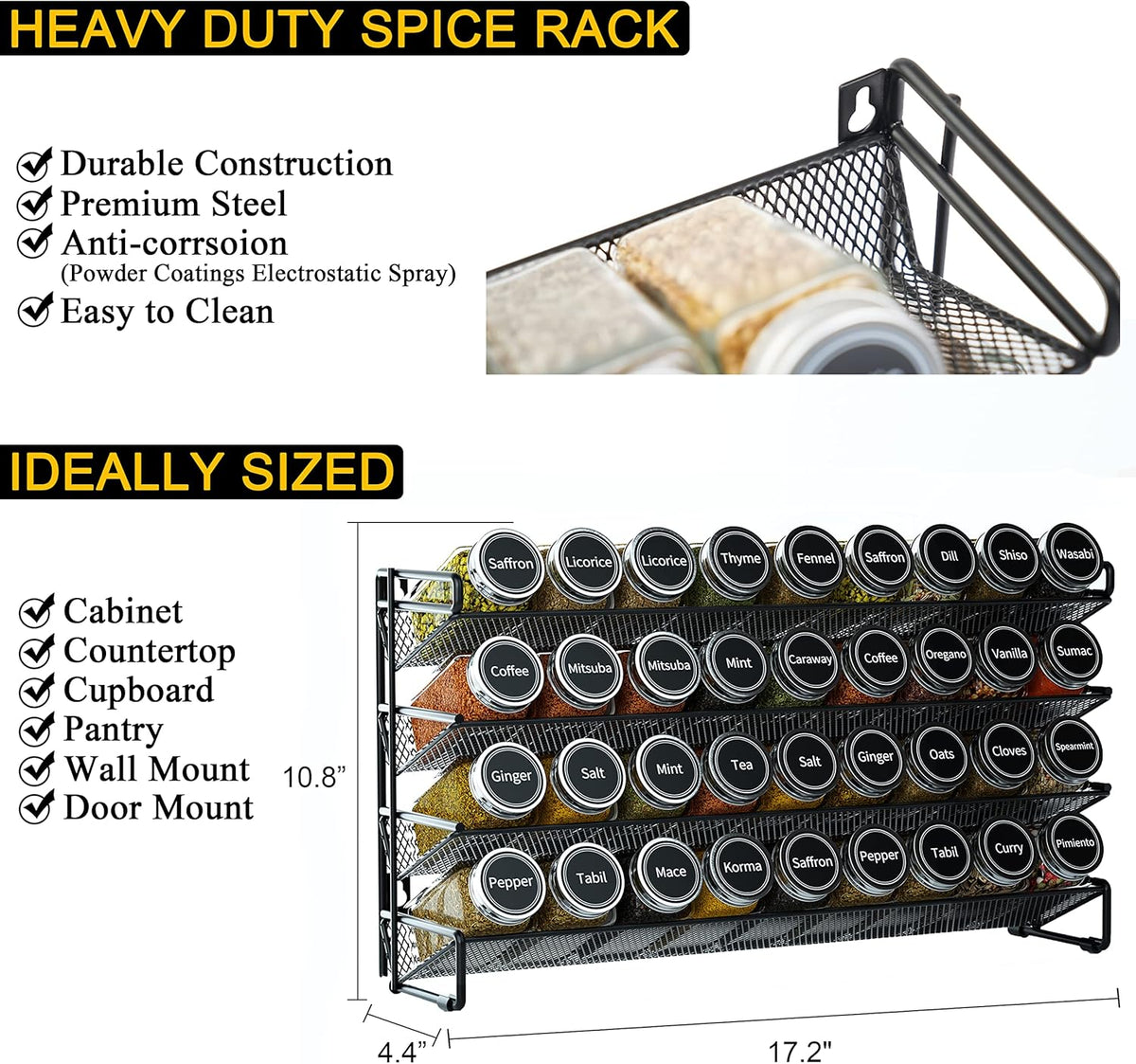 Spice Rack Organizer with 28 Spice Jars, 386 Spice Labels, Chalk Marker and Funnel Set for Cabinet, Countertop, Pantry, Cupboard or Door & Wall Mount - 28 Jars, 13.4" W × 10.8" H, Black
