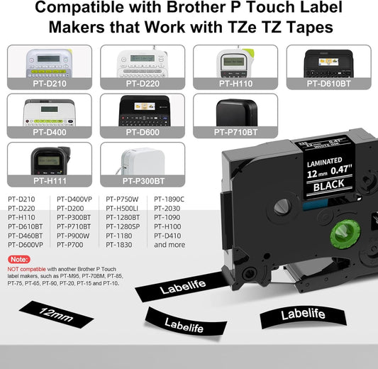 TZe-335 TZe335 Replacement for Brother P Touch TZe Label Maker Tape Black | TZ Label Tape 12mm 0.47 Laminated White on Black for Brother Ptouch PT-D210 PT-D220 PT-H110 PT-D200 PT-D410 PT-D600, 4-Pack