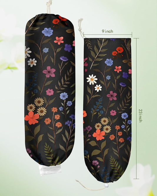 Plastic Bag Holder Organizer - 1 Pack Reusable Canvas Grocery Bags Holder Hanging Wall Cute Aesthetic Shopping Bag Storage Dispenser with Drawstring Closure for Kitchen Home, Color Floral