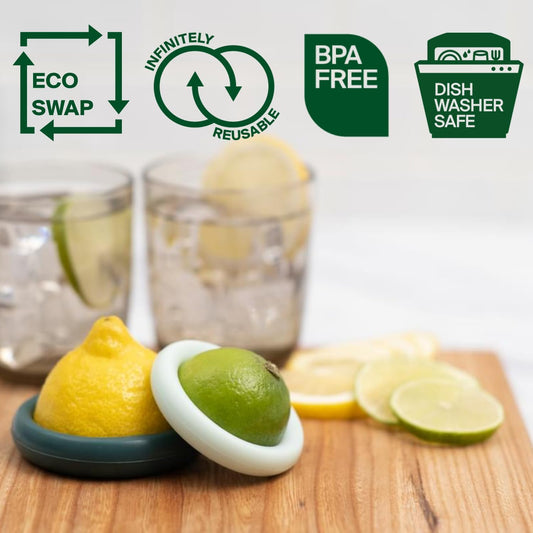 2pc Reusable Silicone Citrus Savers | BPA Free & Dishwasher Safe | Fruit Produce Storage for Orange, Lemon, Lime, Banana, Cans & More | 2 Pack Round, Forest Mint