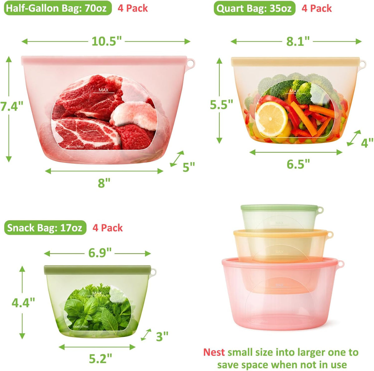 100% Reusable Silicone Bags for Food Storage, 12 Pack Double-Lock Reusable Bags Stand-Up Wide-Mouth Leakproof for Soup, Sous Vide, Freezer Microwave Dishwasher Safe, 4 Half Gallon 4 Sandwich 4 Snack