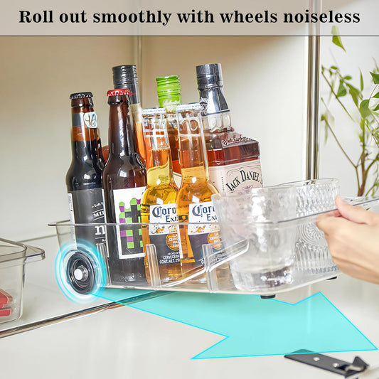 2 Pack Divided Rolling Refrigerator Tray Clear Roll Out Fridge Caddy Organizer with Wheels for Veggie Pantry Snackle Box Under Sink Bathroom Organizer and Storage Bins