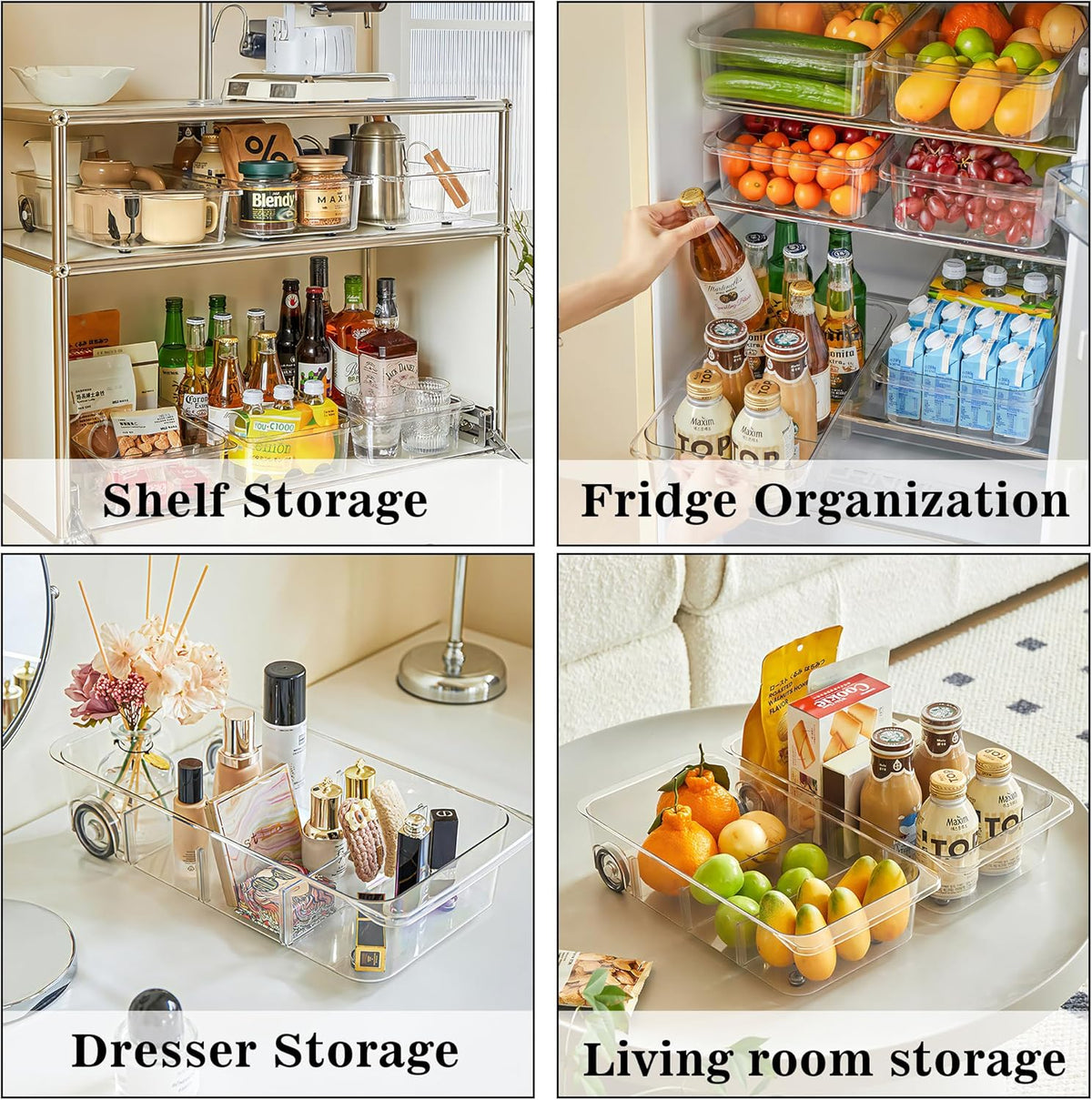 2 Pack Divided Rolling Refrigerator Tray Clear Roll Out Fridge Caddy Organizer with Wheels for Veggie Pantry Snackle Box Under Sink Bathroom Organizer and Storage Bins