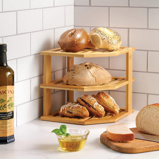 Kitchen Cabinet Organizer, Corner Plate Organizer for Cabinet | 3-Tier Bamboo Corner Shelf Rack, Holds Plates Bowls Mugs Cups, Space Saving Dish Storage Organization, Easy Assembly