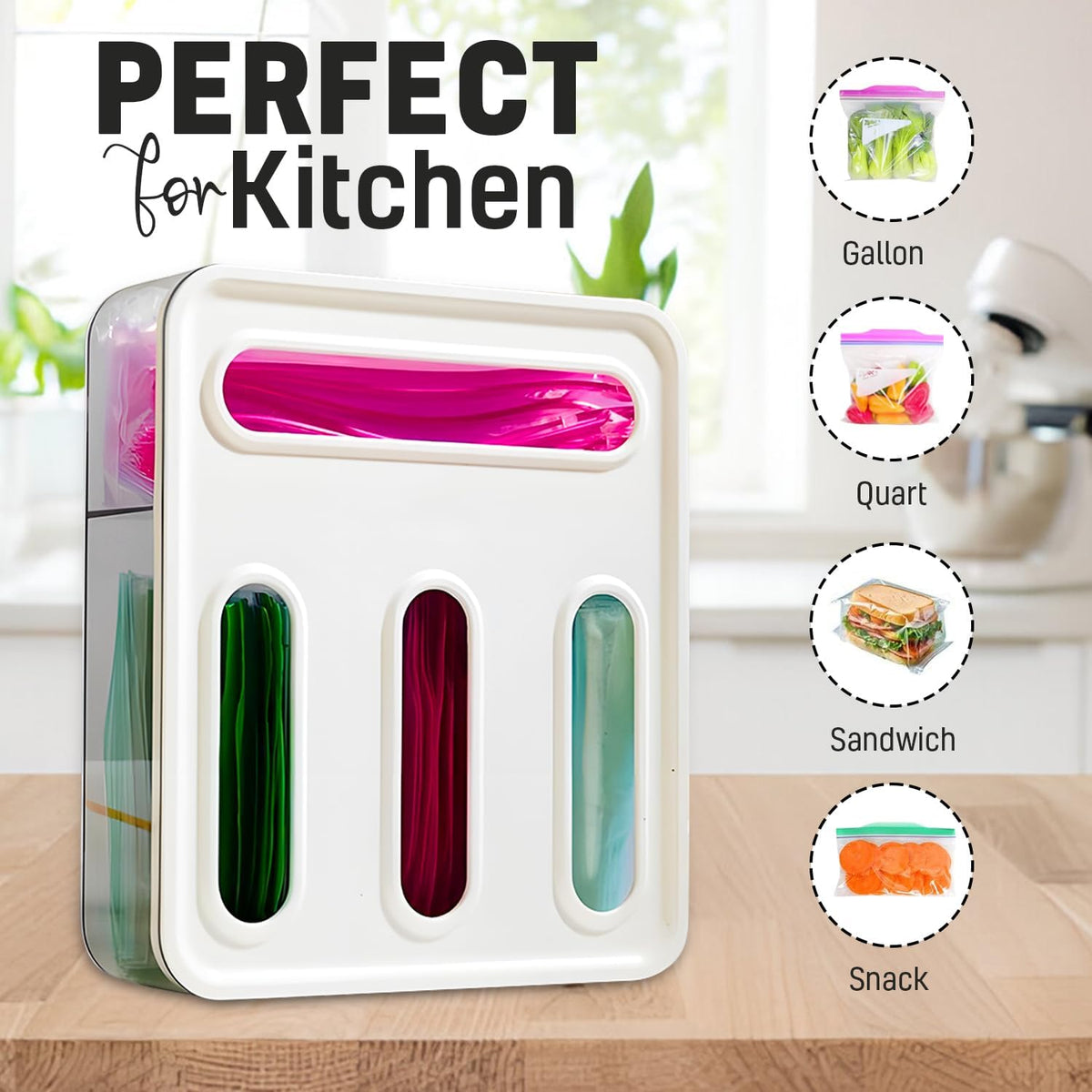 HIMUS Food Storage Bag Organizer - 4 in 1 Plastic Baggie Organizer for Drawer | Compatible with Sandwich, Snack, Gallon, Quart & Slider | Plastic Bag Organizers Kitchen Storage| Wall & Drawer Mount