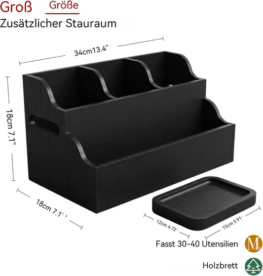 Extra-large solid wood kitchen utensil organizer with 3 compartments, measuring 13.4''*7.1''*7.1''. Features an elegant design with a handle, ample storage space, and a free spoon tray.