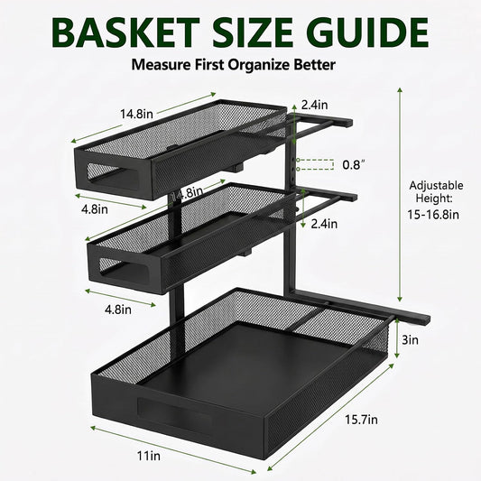 3 Tier Under Sink Organizer, Pull Out Cabinet Shelves with Adjustable Height,Heavy Duty Carbon Steel L-Shaped Storage for Kitchen Bathroom Sink,Pantry & Laundry,Black
