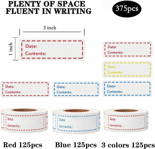 Freezer Labels 375pcs - 3"x1" Self-Adhesive Removable Food Labels | Write-On Waterproof & Oil-Proof Tape for Containers, Meal Prep & Pantry Organization (3 Rolls, 3 Colors)