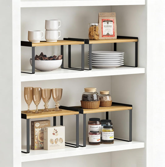 Cabinet Shelf Organizer Set of 4, Kitchen Counter Shelf Riser for Plates Dishes Cups Mugs Spices, Pantry Cupboard Cabinet Organizers and Storage Shelves Rack Insert for Countertop (Bamboo Wood)