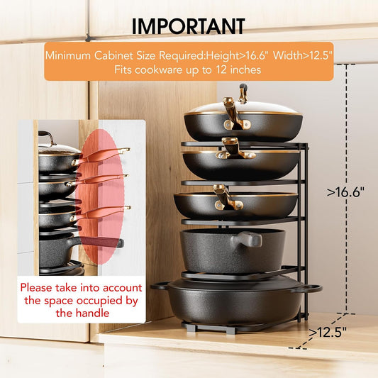 5-Tier Pot and Pan Organizer 13.6", No Assembly Cookware Rack | One-piece Design, Multi-height Layered,Anti-Tip Structure, Dual Vertical & Horizontal Use, Fits Cast Iron Pans & Dutch Ovens