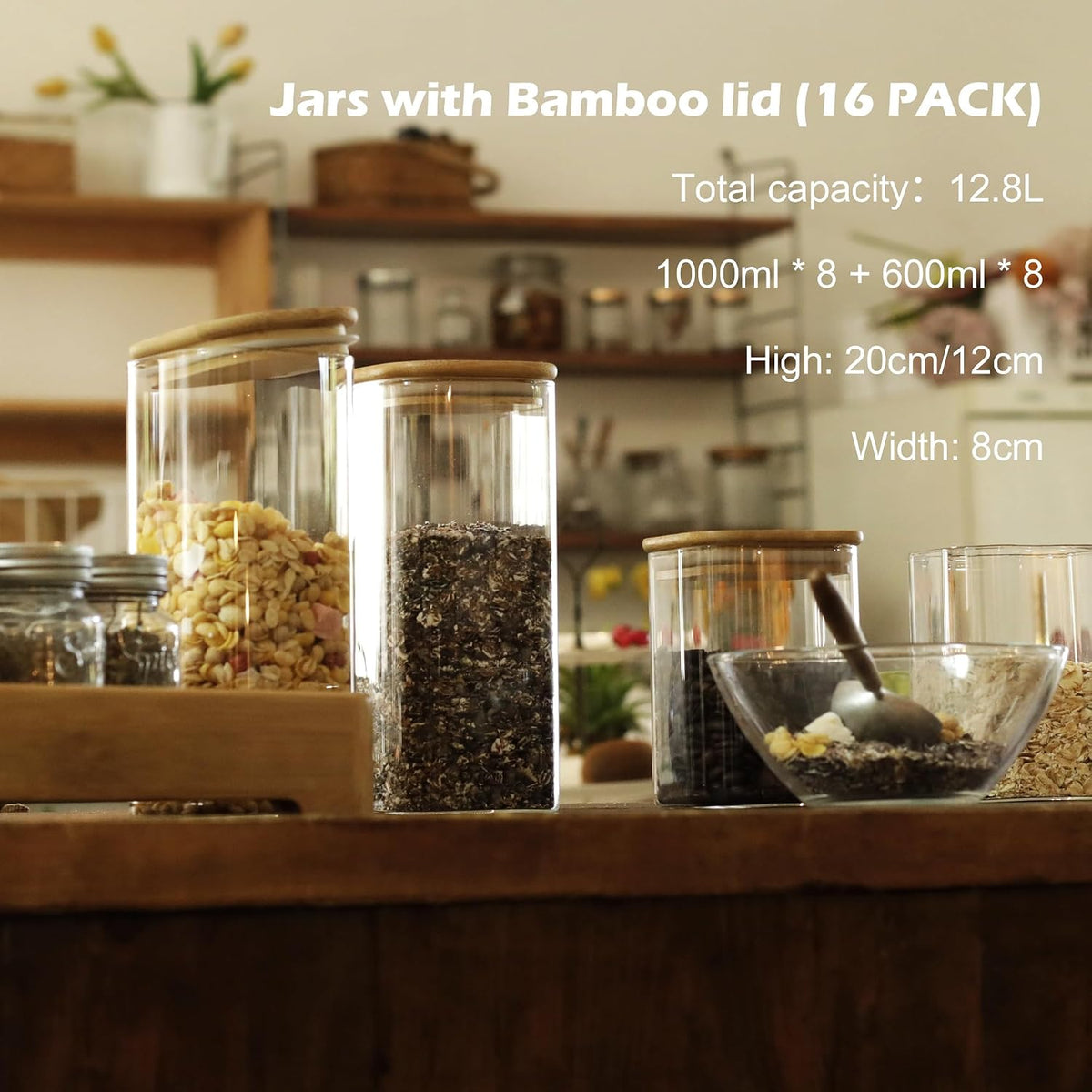 12-Pack Square Glass Storage Jars with Bamboo Lids (0.6Qt/1.06Qt) - Stackable Food Containers for Pantry Organization, Coffee, Flour, Snacks, Tea | Kitchen Canisters Set | Stackable Dry Food Containers for Pantry Organization, Coffee, Flour, Snacks, Tea,