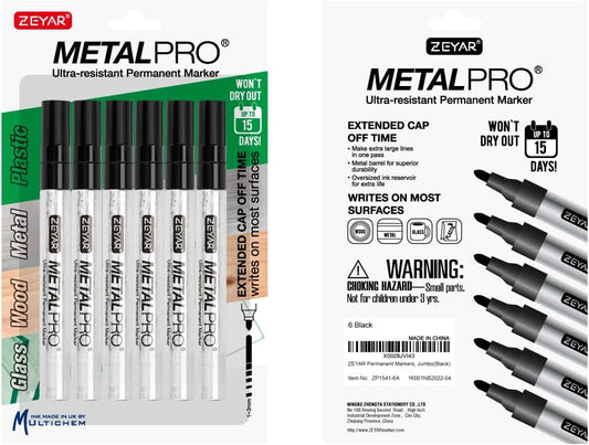 Permanent Markers, Bullet Tip, Aluminum Barrel, Waterproof and Smear-Proof, Quick Drying ink- Great on Plastic,Wood,Stone,Metal and Glass for Doodling and Marking (6 Black Color)