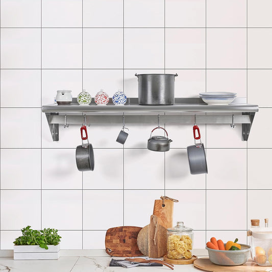 Hally Stainless Steel Shelf with 6 Hooks 12"x48" Wall Mounted Pot Rack NSF