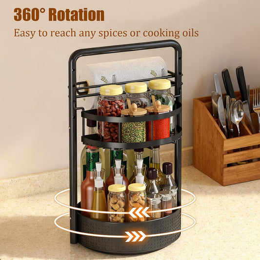 Rotating Spice Rack with Paper Towel Holder, Black | 2 Tier Lazy Susan, Sturdy Iron, Seasoning Organizer, Kitchen Countertop