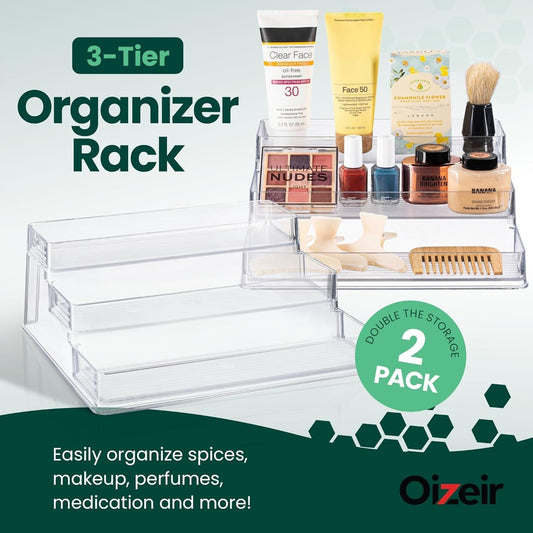 Clear Spice Rack - 3-Tier Acrylic Organizer for Cabinet - Deep Spice Shelf - 10.4 x 9.6 x 4 Inches - Holds Seasoning and Condiments