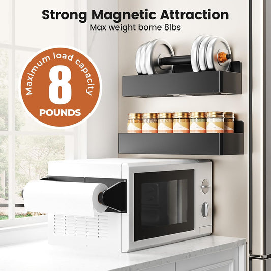 Magnetic Spice Rack for Refrigerator, Magnetic Shelf,Fridge Magnet Organizer with Paper Towel Holder,Utensils Racks,Hook Rack,Fridge Organizers and Storage Black