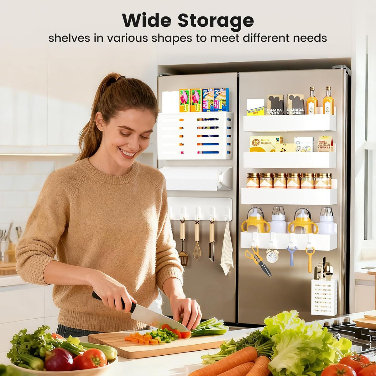 Magnetic Spice Rack for Refrigerator, Magnetic Shelf,Fridge Magnet Organizer with Paper Towel Holder,Utensils Racks,Hook Rack,Fridge Organizers and Storage Black