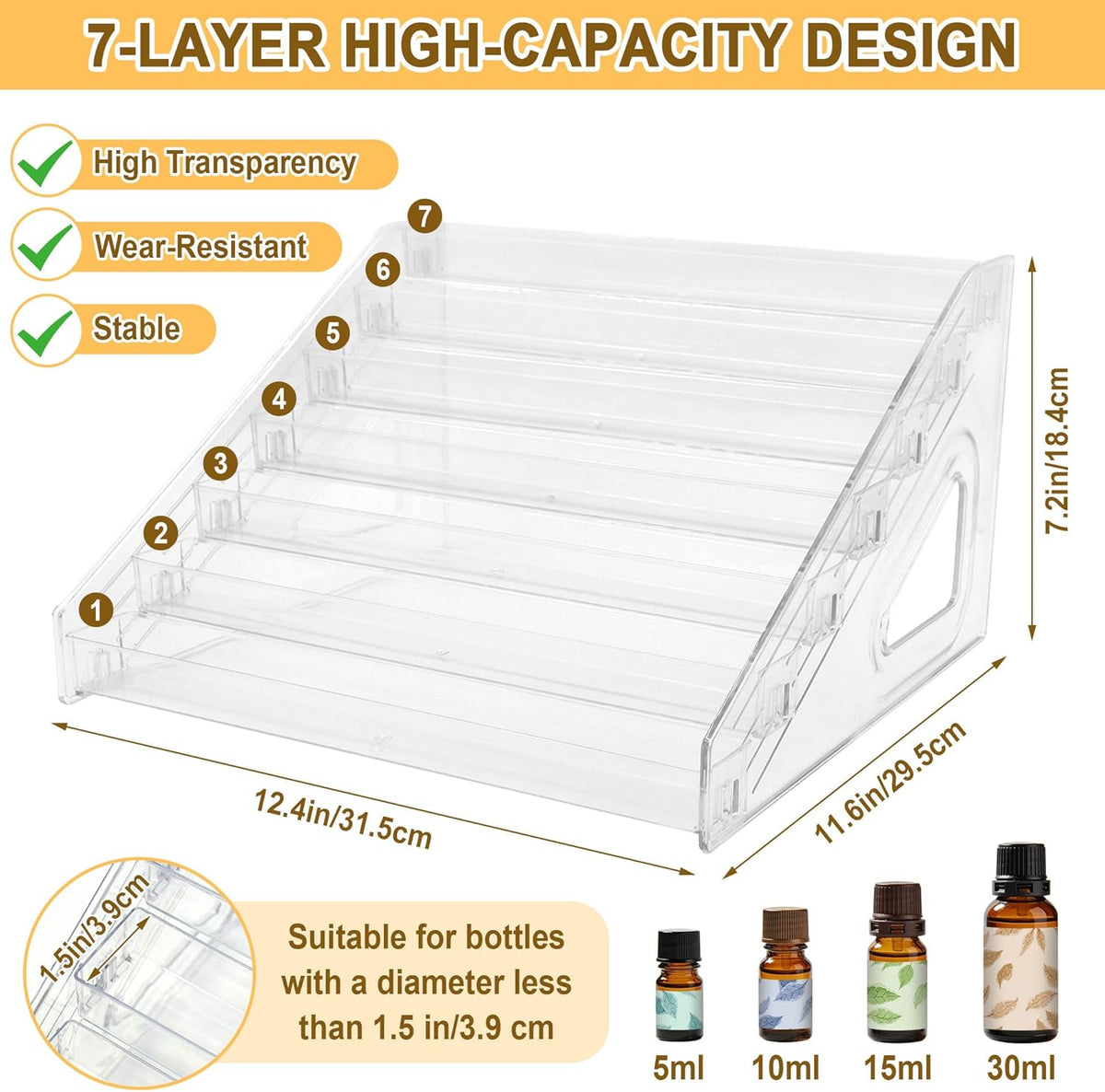 7 Tier Essential Oil Organizer Clear Essential Oil Holder Essential Oil Storage Shelf Holds 5ml 10ml 15ml 30ml for Countertop Stand Display Nail Polish Makeup (1 Pcs)