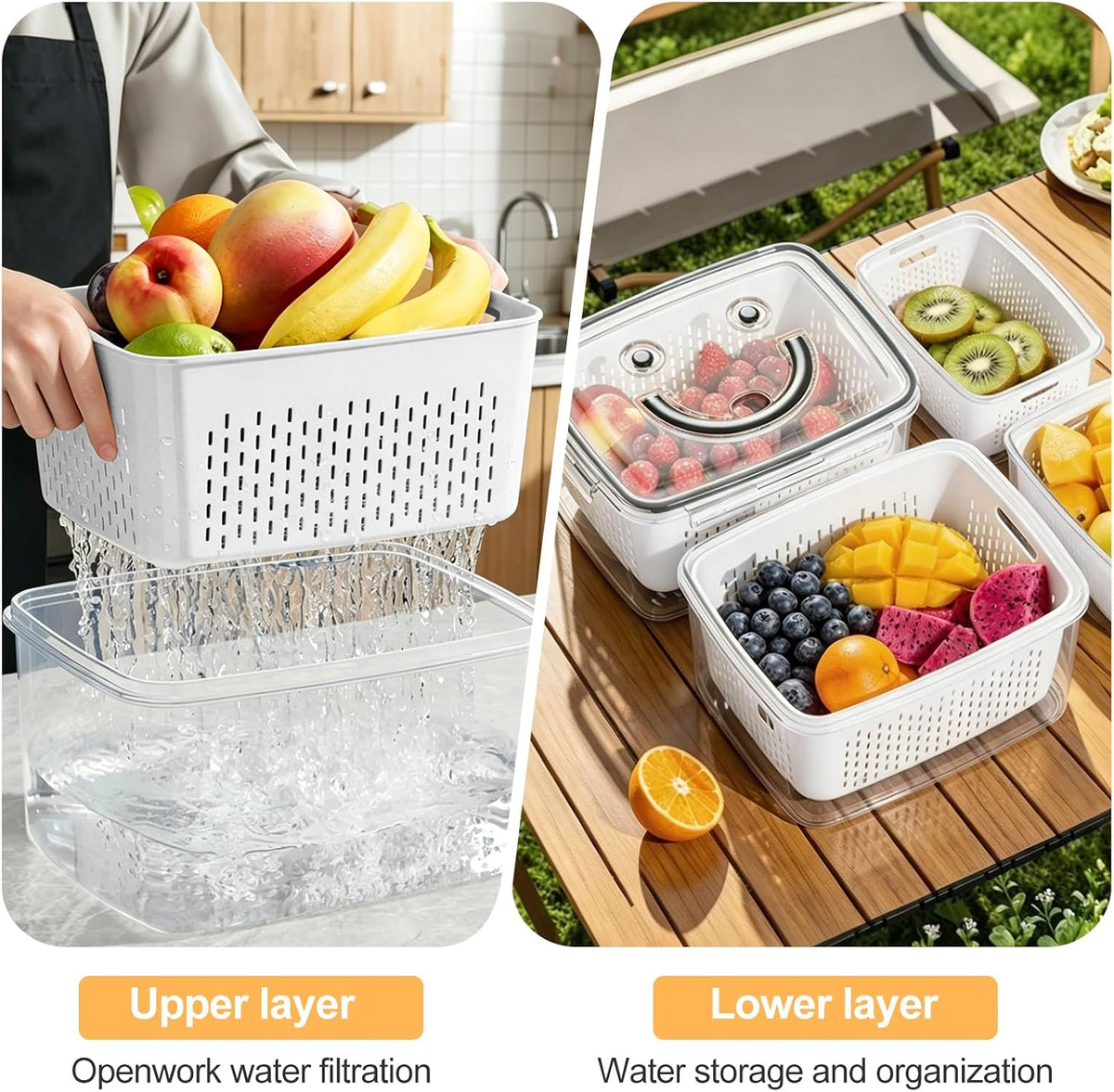 4 PCS Fruit Storage Containers for Fridge-Features removable Colander,All-in-One Fruit Washing Bowl & Colander,Microwave/Dishwasher Safe for Berry,Lettuce,Salad & Meat Fresh Longer,Green