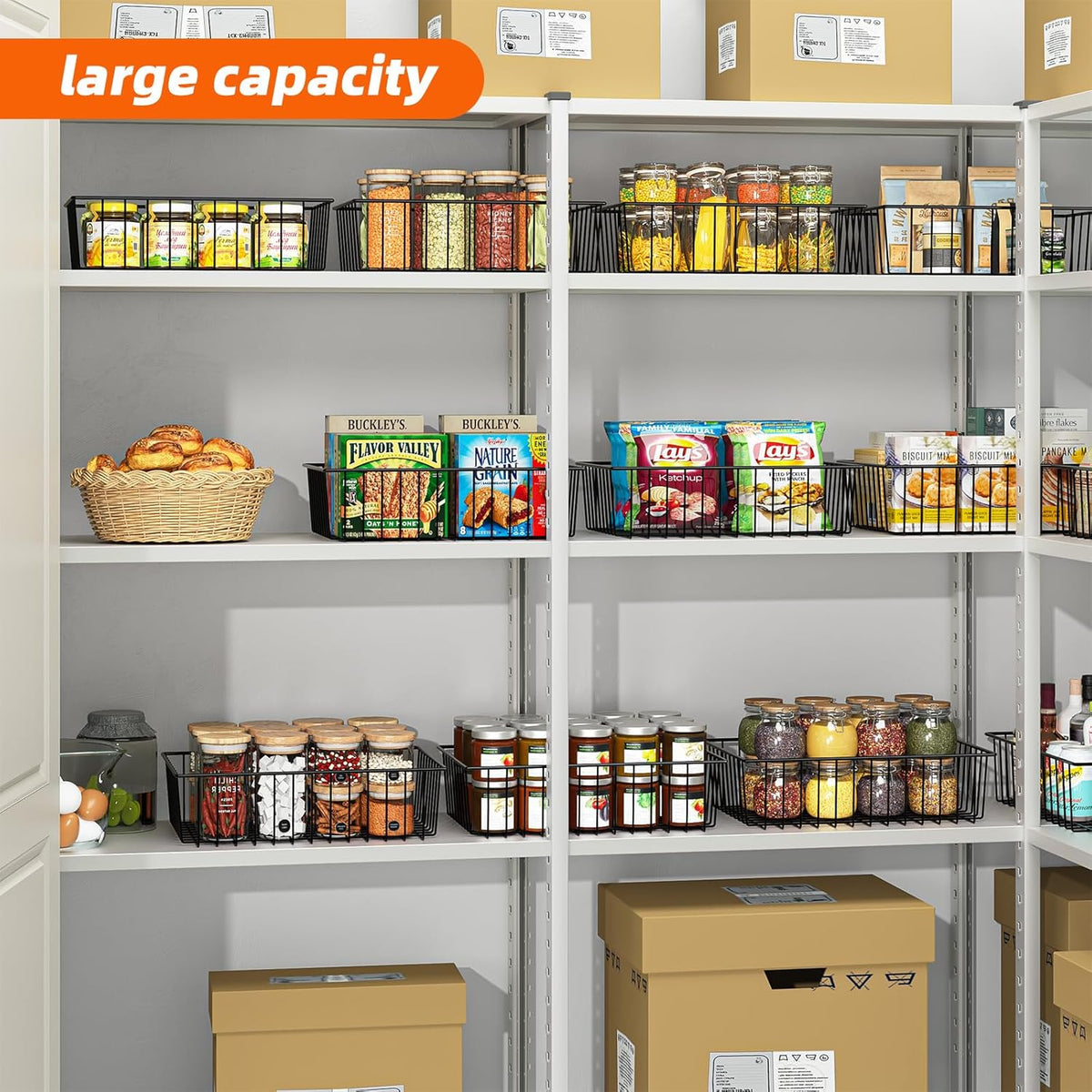 Simple Trending Large Wire Baskets for Organization, Metal Pantry Storage Baskets for Cabinet, Kitchen, Garage, Bathroom, Black