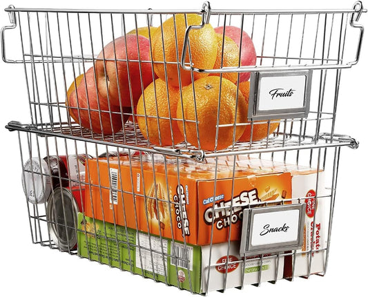 Stackable Chest Freezer Baskets Organizer Bins, Metal Wire Baskets Pantry Organizer Produce Baskets with Tag Slot for Snacks Vegetables and Fruits