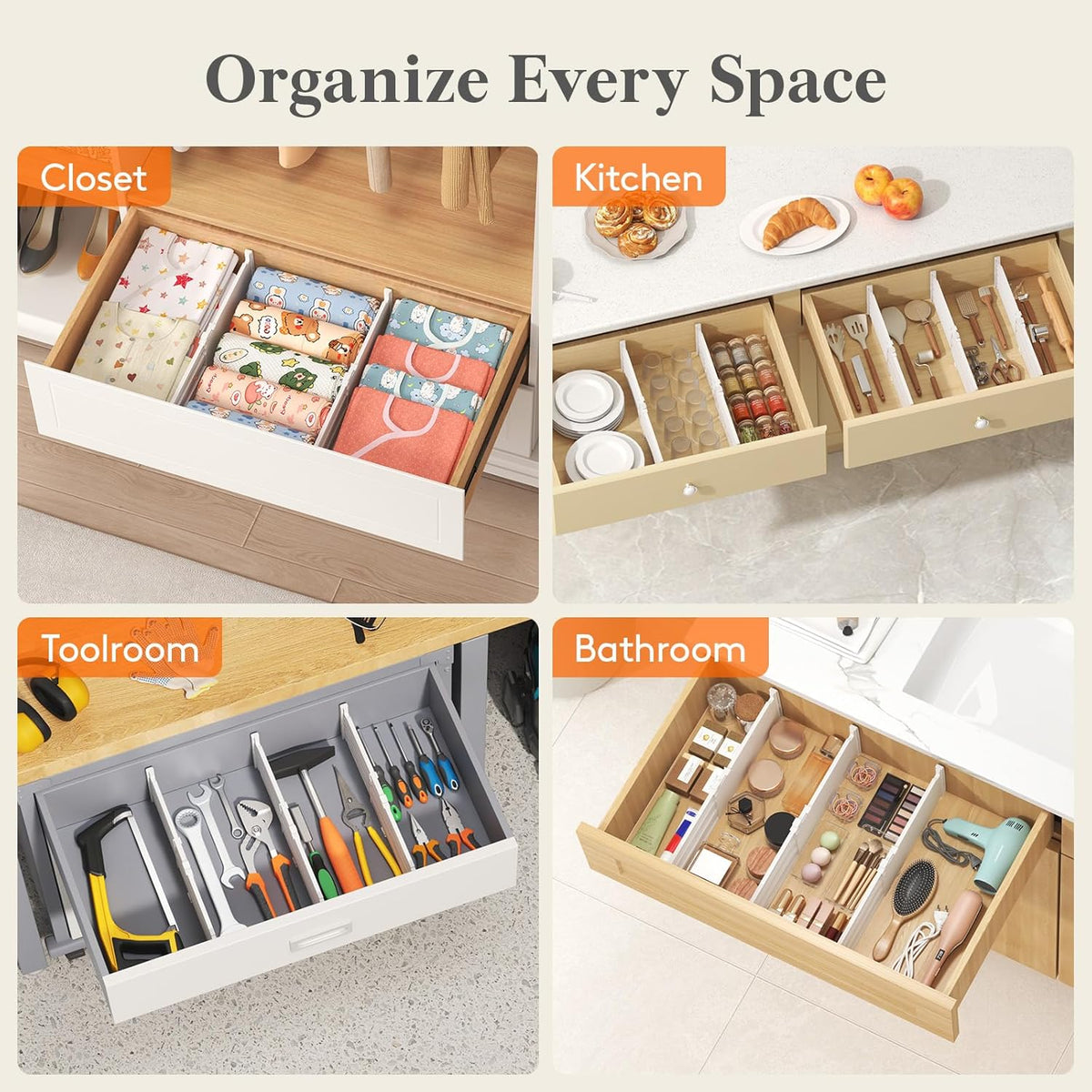 3.2" High Drawer Dividers for Clothes, Adjustable Drawer Organizers | 10.5"-16.5" Expandable Plastic Separator for Dresser, Kitchen, Cabinet, Closet, Nursery, Socks & Underwear Storage, 4 Pack