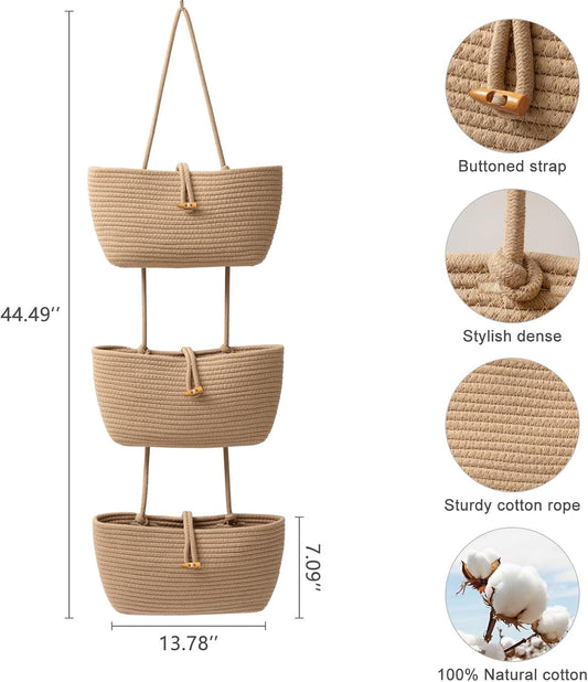 3-Tier Cotton Rope Baskets with Button Strap Over the Door Wall Hanging Baskets for Nursery, Living Room, Bathroom, Door Storage Organizer for Decoration-Jute