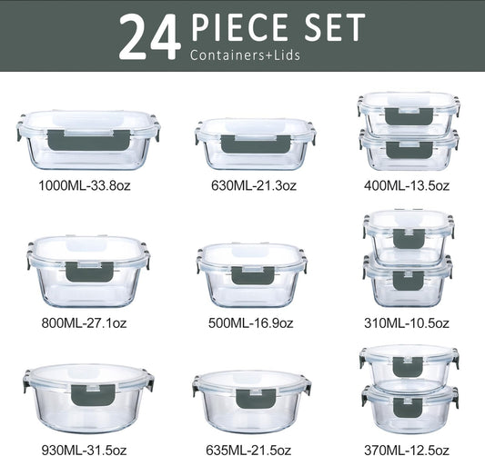 24 Piece Glass Food Storage Containers with Lids,Gray
