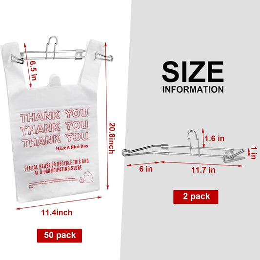 2 Pcs Plastic Grocery Bag Holder with 50 Pcs Bags, T-shirt Sack Organizer Rack Hanging Holder, Storage Organization Accessories for Grocery Store Supermarket Restaurant Business