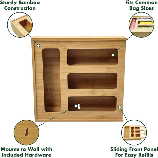 Bamboo Zip Storage Bag Organizer for Kitchen Drawer and Wall Mount | Solid Bamboo Food Storage Bag Holder | Plastic Bag Organizer for Sandwich and Snack Storage