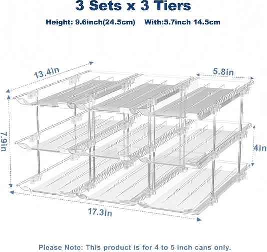 Can Organizer For Pantry,3 Sets 3 Tiers Pantry Organizers And Storage, Pantry Organizer for Fridge 36 Standard and Tall Cans Rack Automatic Rolling Stackable Canned Food Organizer, Clear