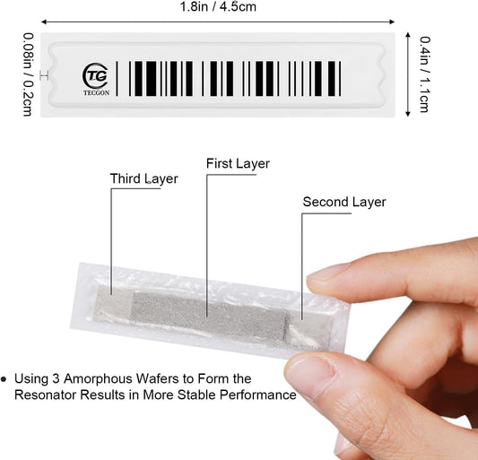 of 58 kHz Acousto-Magnetic (AM) Security Tag Labels, Compatible with 58 kHz EAS Systems. Features Simulated Barcodes