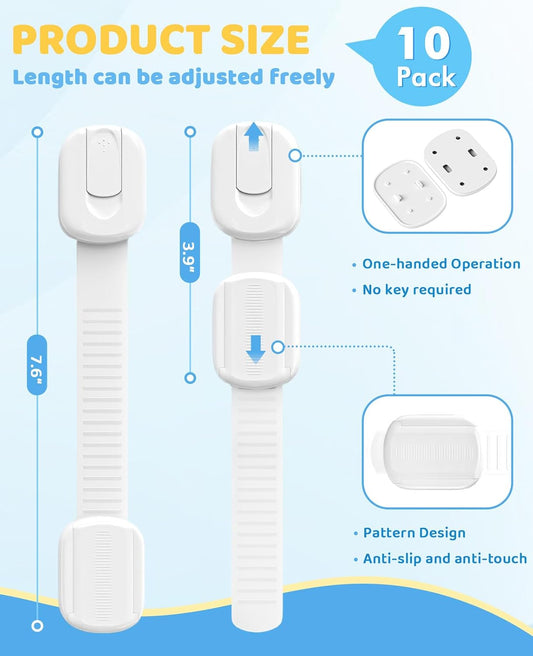 Cabinet Locks Baby Proofing, Child Proof Cabinet Locks with 3M Adhesive - Easy Installation with Adjustable Straps, Multi-Purpose Child Safety Latches for Drawers Fridge Trash Cans Toilets