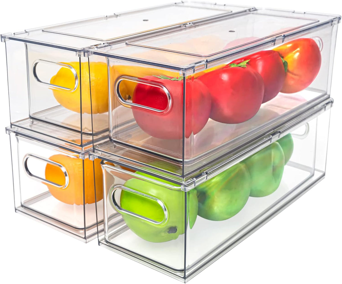 Fridge Drawer Pull Out Stackable Bins with Handle Clear Refrigerator Drawers Organizer Food Storage Container Box with Dividers Plastic Produce Saver for Pantry, Cabinet, Kitchen, Clothes(4Pack)