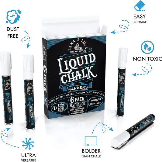 White Liquid Chalk Marker Pens - 6mm and 3mm, 3 of each